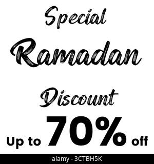 Sconto speciale Ramadan fino al 70% di sconto, grande banner di vendita per i clienti, offerta festiva con sfondo bianco, perfetta per la promozione sui social media. Illustrazione Vettoriale