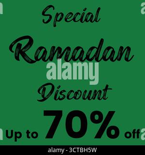 Sconto speciale Ramadan fino al 70% di sconto, grande banner di vendita natalizio con sfondo verde, perfetto per promozioni per i clienti e utilizzo sui social media. Illustrazione Vettoriale