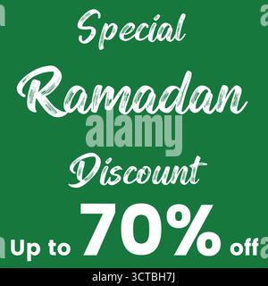 Sconto speciale Ramadan fino al 70% di sconto, grande banner di vendita natalizio con sfondo verde chiaro, perfetto per promozioni per i clienti e uso sui social media. Illustrazione Vettoriale