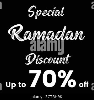 Sconto speciale Ramadan fino al 70% di sconto, grande banner di saldi natalizi con sfondo nero, perfetto per promozioni sui social media e marketing online. Illustrazione Vettoriale