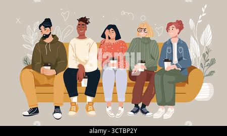 Gruppo di amici che bevono caffè insieme persone informali sedute sul divano tenendo tazze da asporto atmosfera accogliente piante sfondo disegnato a mano Illustrazione Vettoriale