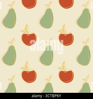 Raccolta autunnale, motivo del giorno del ringraziamento con mele e pere stilizzate in stile doodle e macchie colorate. Illustrazione vettoriale Illustrazione Vettoriale