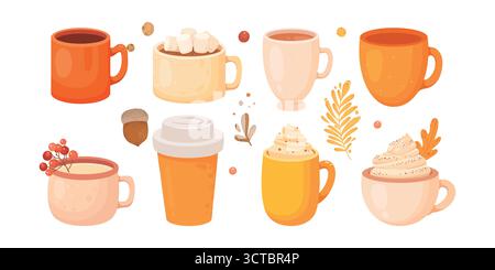 Raccolta di spezie di zucca prodotti aromatizzati di stagione, cibo e bevande isolati su sfondo bianco. Pacchetto di deliziosi dessert dolci autunnali o. Illustrazione Vettoriale
