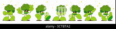 Collezione di personaggi cartoon vegetale dallo stile retrò - mascotte verde di broccoli in varie pose con occhi, gambe e braccia espressive. Personalità gastronomica amichevole che mostra emozioni e gesti facciali. Illustrazione Vettoriale