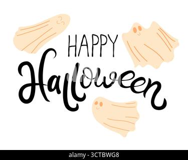 Buon Halloween Lettering Vector Design e illustrazioni fantasmi. Poster tipografico della stagione, banner di Halloween. Biglietto d'auguri per le festività. Illustrazione Vettoriale