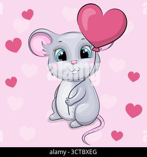 Simpatico mouse cartoni animati con palloncino a forma di cuore. Illustrazione vettoriale di un animale su sfondo rosa con cuori. Illustrazione Vettoriale