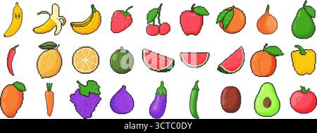 set icone frutta e verdura a 8 bit. Oggetto pixel art. Grafica di gioco vintage Old School Illustrazione Vettoriale