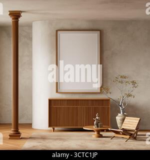 Le tonalità calde e i mobili minimalisti definiscono questo salotto interno scandinavo, combinando texture naturali con eleganza senza tempo. Illustrazione 3D. Foto Stock