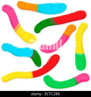 Raccolta di caramelle con vermi gelatinosi. Set di snack colorati in gelatina gommosa dolce e acida per i bambini. Dolcetti o dolcetti di Halloween. Foto Stock