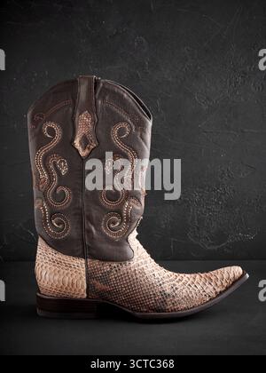 Stivaletto da cowboy con intricati ricami di serpente su pregiata pelle marrone e una parte inferiore in vera pelle di serpente di pitone, che simboleggia lo stile occidentale Foto Stock