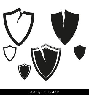 Icone scudo nero. Emblemi della difesa della sicurezza. Simboli di armatura vettoriale. Illustrazione della protezione piatta. EPS 10. Illustrazione Vettoriale