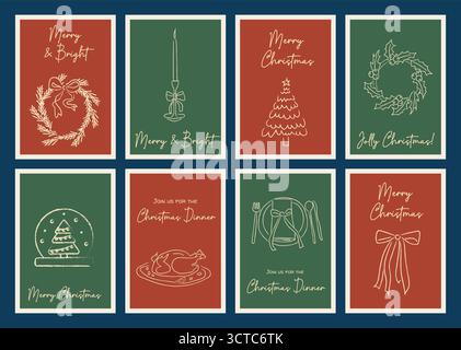 Stravagante set di biglietti d'auguri natalizi e di biglietti d'invito per la cena. Modelli per le vacanze con scarabocchi dallo stile minimal e sfondi di colore retrò per le feste Illustrazione Vettoriale
