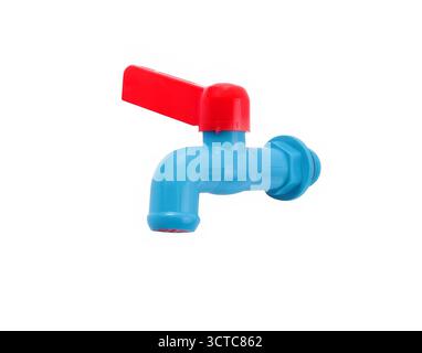Rubinetto d'acqua in plastica blu isolato su sfondo bianco Foto Stock