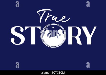 True story - Concept natalizio con silhouette di Christian Nativity. Concetto di vacanza per poster o banner della chiesa con testo e scena Silent Night Illustrazione Vettoriale