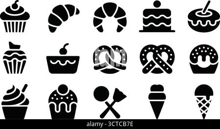 Icone dei dessert in bianco e nero: Torte, croissant, torte, gelato, Pretzels, simboli di lecca lecca-lecca e budino per il design culinario, del menu e del cibo Illustrazione Vettoriale