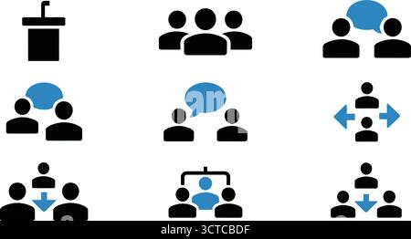 Set di icone per la comunicazione e l'organizzazione con podio, lavoro di squadra, bolle vocali, delega e gerarchia in stile minimale Illustrazione Vettoriale