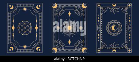 Disegni mistici posteriori di carte tarocchi con simboli celesti del sole e della luna con linee dorate su sfondo blu scuro Illustrazione Vettoriale