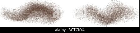 Spruzzi d'onda gradiente in polvere con macinatura di caffè. Forme dinamiche con polvere e rumore di cacao. Elementi ruvidi di particelle tratteggiate marrone scuro astratte. spr. Cioccolato Illustrazione Vettoriale