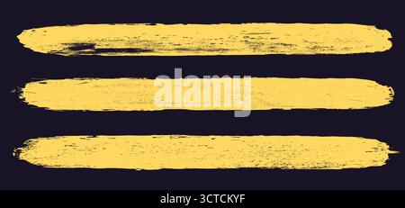 Sottolineature gialle grunge spesse e dritte. Set pennello arrotolato Linocut. Francobolli ruvidi rettangolari a inchiostro fatti a mano. Forme linee di pittura vettoriale per pareti. mar secco Illustrazione Vettoriale
