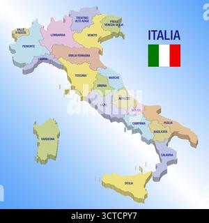 Italia, mappa 3D delle regioni dell'Italia, illustrazione vettoriale Illustrazione Vettoriale