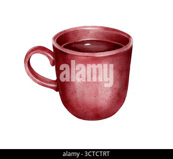 Illustrazione ad acquerello di una tazza da tè in ceramica rossa riempita con bevanda calda su sfondo bianco. Perfetto per menu, design caffetteria, ricettari, confezioni di tè, Foto Stock