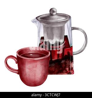 Illustrazione in acquerello della teiera in vetro con coperchio in metallo riempito con tè nero e tazza in ceramica rossa su sfondo bianco. Perfetto per un menu' di design, Cafe de Foto Stock