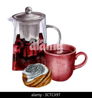 Illustrazione ad acquerello di teiera di vetro con tè all'ibisco, tazza in ceramica rossa e panino dolce con semi di papavero su sfondo bianco. Perfetto per il caffè Foto Stock
