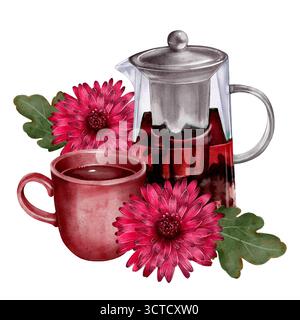 Illustrazione ad acquerello di teiera di vetro con tè alle erbe rosso, tazza in ceramica e fiori rosa con foglie su sfondo bianco. Perfetto per il menu e il confezionamento Foto Stock