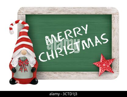 Buon Natale e decorazioni con gnomo e tavola verde isolata su sfondo bianco Foto Stock