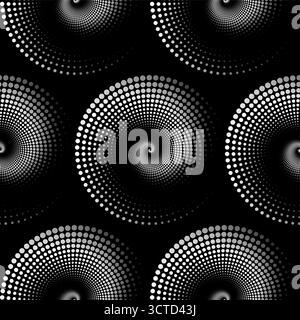 Motivo a spirale senza cuciture mezzitoni, sfondo circolare a punti bianco e nero astratto, design circolare a puntini in stile retrò, mezzitoni dinamici Illustrazione Vettoriale