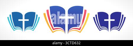 Simbolo della Sacra Bibbia, libro aperto con pagine colorate e croce di Gesù. Concetto creativo. Serie di icone. Illustrazione Vettoriale