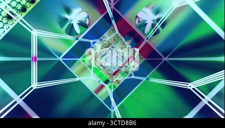 Colori vivaci e forme geometriche creano un design astratto. La grafica presenta livelli e motivi che attirano l'occhio dello spettatore in un'atmosfera affascinante Foto Stock