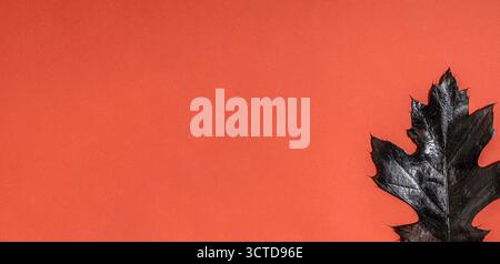 Profilo a foglia verde scuro su sfondo arancione brillante. Design botanico astratto, minimale e moderno. Banner lungo. black halloween concept, Foto Stock