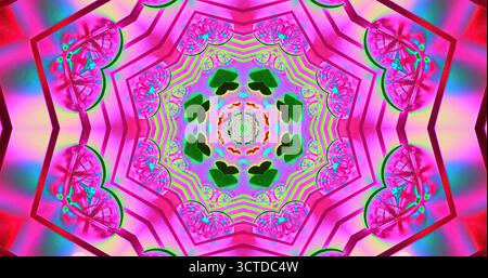 Il coloratissimo caleidoscopio presenta motivi e forme intricati. I colori vorticosi di rosa, verde e blu creano un'esperienza visiva accattivante Foto Stock