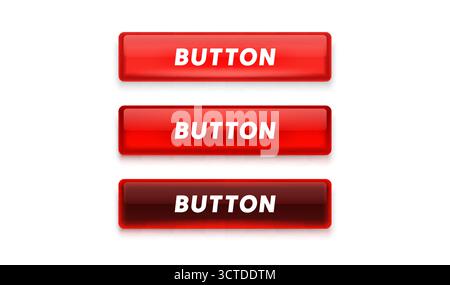 Pulsanti Web rossi lucidi impostati con stati di passaggio del mouse. Una raccolta di pulsanti di interfaccia rossi luminosi per la progettazione Web. Illustrazione vettoriale Illustrazione Vettoriale