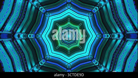 Questa opera d'arte presenta un complesso motivo geometrico con colori vivaci blu e verdi. Il design crea un effetto visivo sorprendente, disegnando il visualizzatore Foto Stock