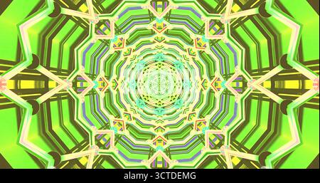 Forme e motivi geometrici brillanti formano un design vorticoso con colori vivaci. La composizione circolare attira l'occhio al centro, creando un dyna Foto Stock