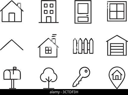 Casa, set di icone. Case, edifici, icone lineari. Linea con traccia modificabile. Illustrazione Vettoriale