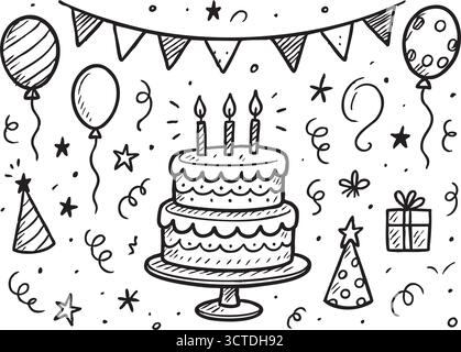 Elementi disegnati a mano per festeggiare il compleanno con torte, palloncini e decorazioni natalizie Illustrazione Vettoriale