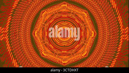 Questa immagine mostra un incredibile motivo circolare con vivaci sfumature arancioni. Il design è caratterizzato da linee vorticose che creano un effetto affascinante, drawin Foto Stock