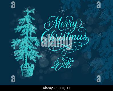 Moderno disegno natalizio per 2026 con un albero . Disegnato a mano. Non ai, illustrazione vettoriale. Illustrazione Vettoriale