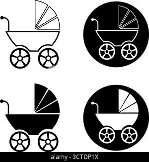 Set di icone passeggino nell'illustrazione del vettore bianco e nero. Perfetto per l'uso in progetti relativi a maternità, assistenza all'infanzia, genitorialità e famiglia. Illustrazione Vettoriale