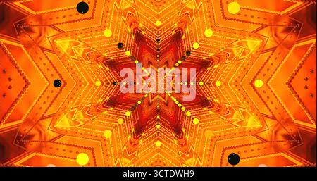 Un design geometrico vibrante pieno di calde sfumature di arancione e giallo crea un effetto visivo ipnotico. Il motivo presenta forme complesse e. Foto Stock