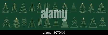 Collezione di alberi di Natale, set di icone geometriche vettoriali dell'albero di Natale, simboli di abete minimalisti dorati su sfondo verde, elementi piatti con disegno sottile Illustrazione Vettoriale