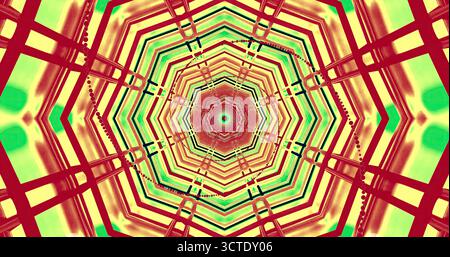 Il design complesso presenta un caleidoscopio vibrante di colori disposti in un vertiginoso motivo esagonale. La combinazione di rosso, verde e giallo crea Foto Stock