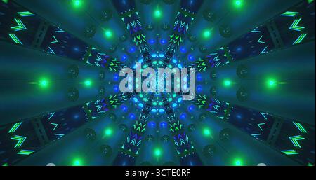 Le luci verdi e blu brillanti irradiano in una ripetizione simmetrica, formando un progetto complesso. Le forme creano una vista accattivante che attira l'occhio Foto Stock