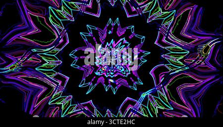 I colori brillanti al neon creano uno straordinario design astratto con forme geometriche. Questa opera d'arte affascina con i suoi motivi intricati e le sue tonalità vivaci Foto Stock