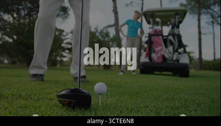 Posiziona la testa del pilota dietro la palla da golf sul tee box, con golf cart, borse Foto Stock