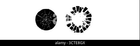 Consistenza circolare in vetro incrinato con frammenti taglienti frantumati. Effetto burst astratto in bianco e nero per temi di impatto o esplosione. Design vettoriale moderno, perfetto per logo, poster o concept vfx. Illustrazione Vettoriale