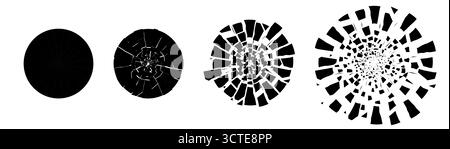 Consistenza circolare in vetro incrinato con frammenti taglienti frantumati. Effetto burst astratto in bianco e nero per temi di impatto o esplosione. Design vettoriale moderno, perfetto per logo, poster o concept vfx. Illustrazione Vettoriale